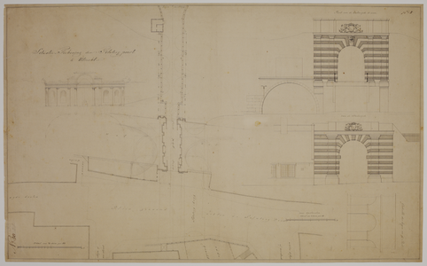 216736 Plattegrond, doorsnede en opstanden van het ontwerp voor de verbouwing van de Tolsteegpoort te Utrecht; met ...